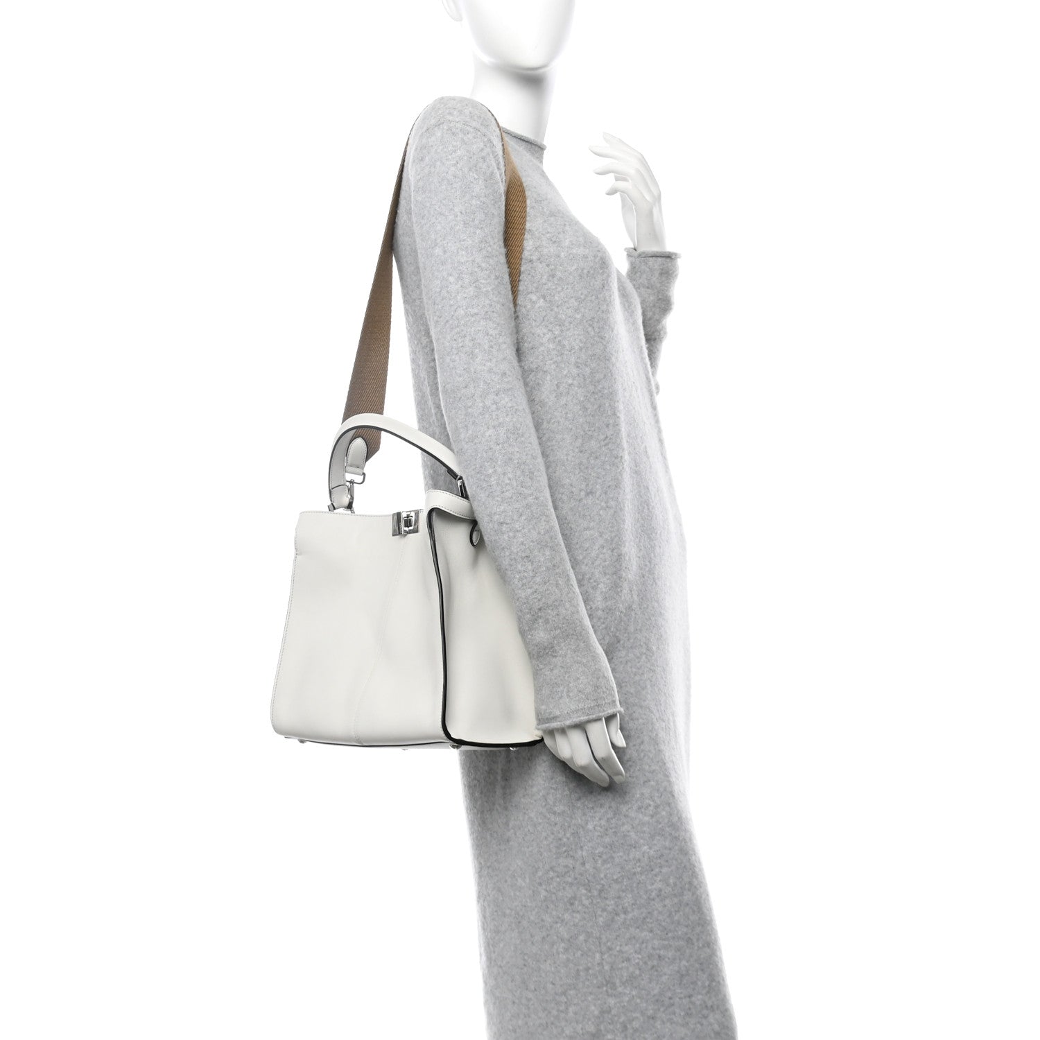 Fendi Vitello Seta Glazed Fabric FF 1974 Medium Peekaboo X-Lite Latte Mogano Panna 2 of 10
