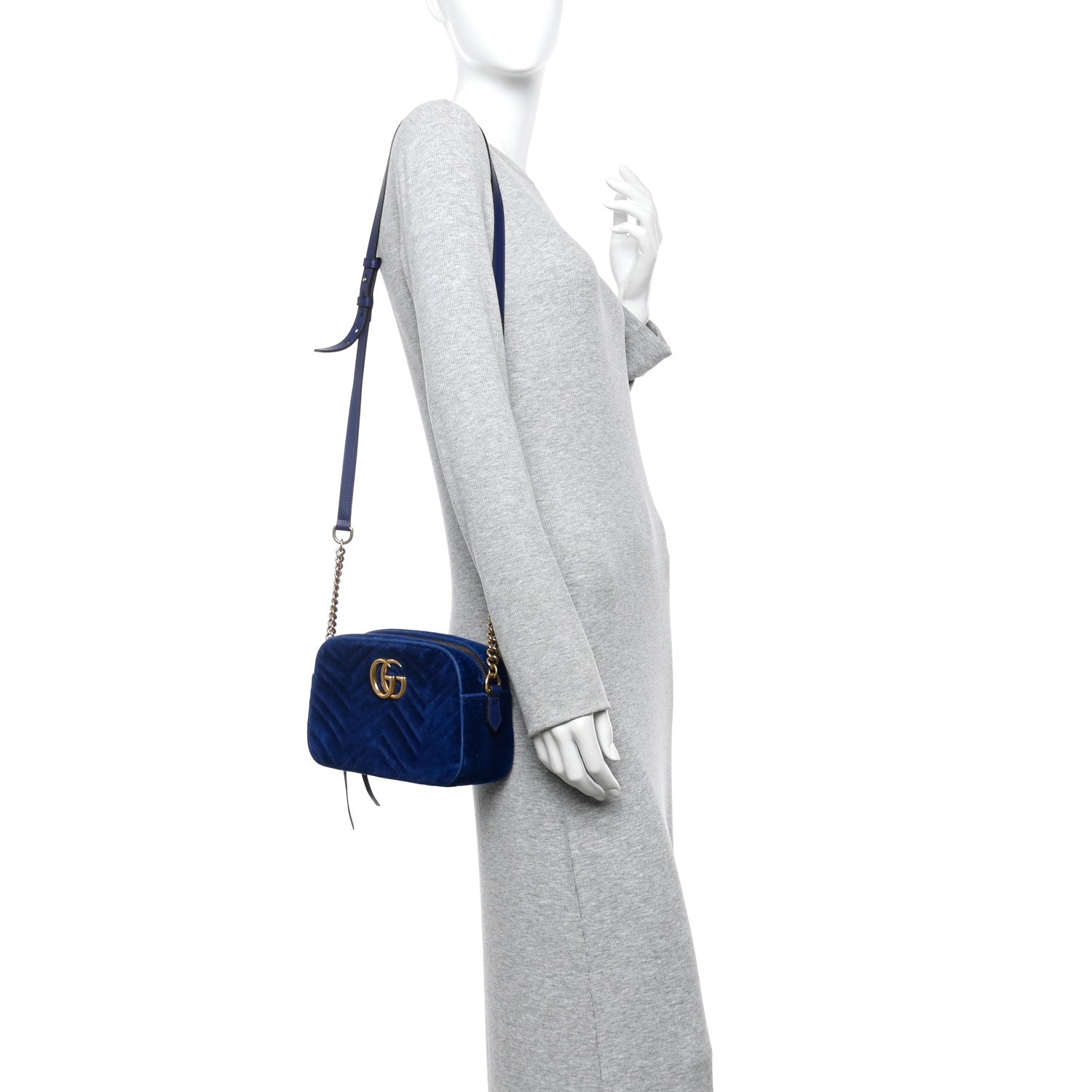 Gucci Velvet Matelasse Small GG Marmont Chain Shoulder Bag Cobalt 2 of 11