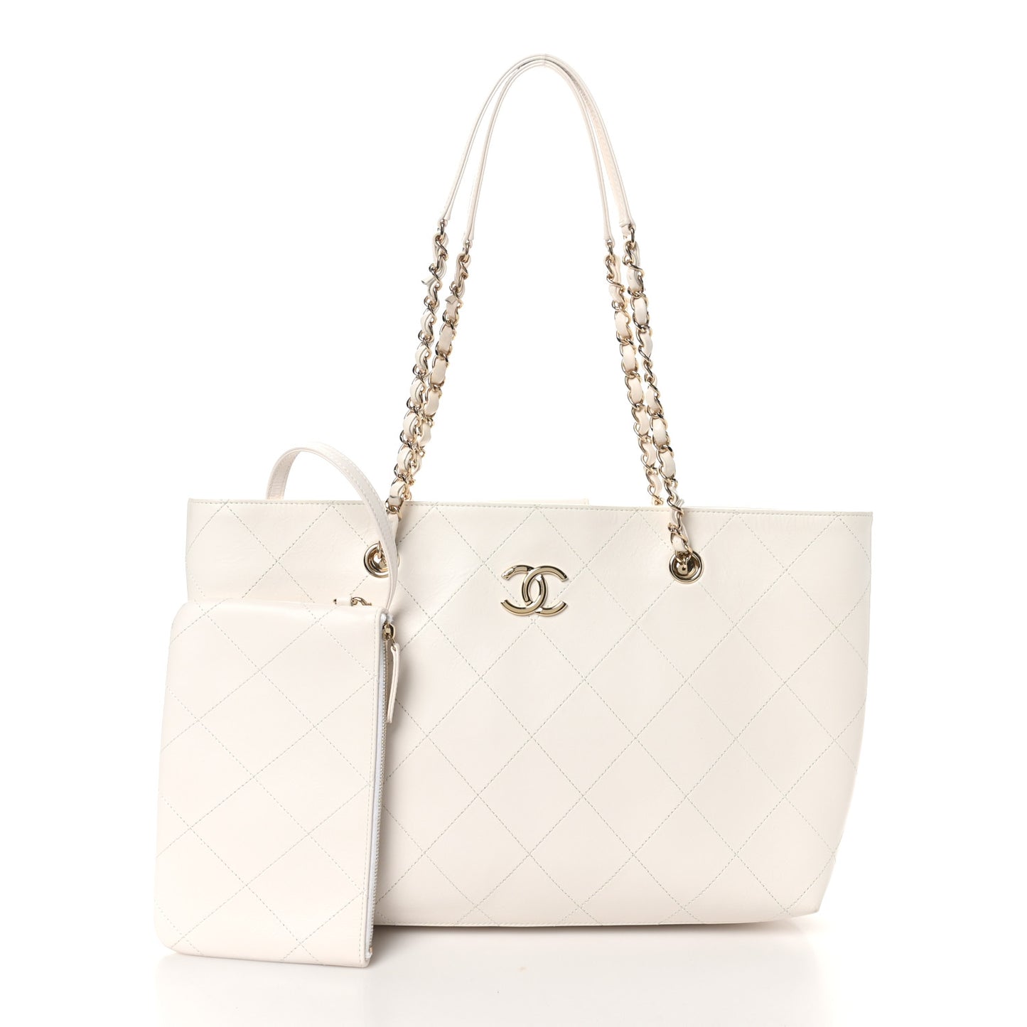 Glazed Calfskin Stitched Shopping Tote White
