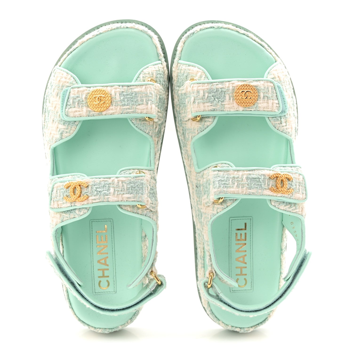 Chanel Wool Tweed Velcro Dad Sandals 37.5 Light Blue Ivory 2 of 9