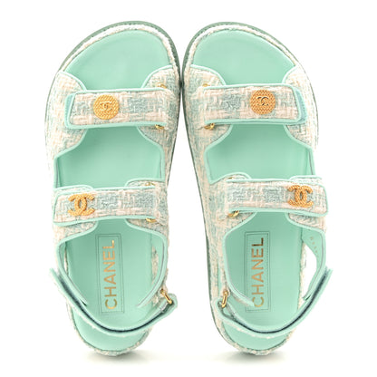 Chanel Wool Tweed Velcro Dad Sandals 37.5 Light Blue Ivory 2 of 9
