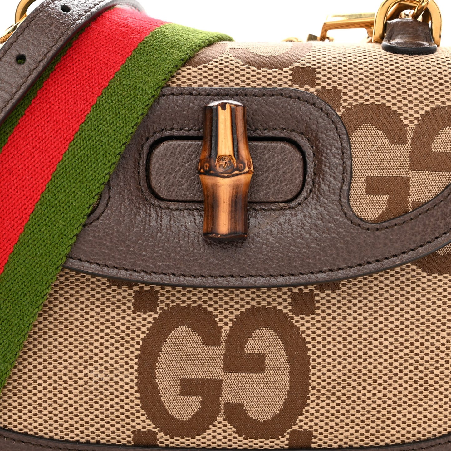 Monogram Jumbo GG Textured Dollar Calfskin Web Small Bamboo 1947 Top Handle Bag Camel Ebony New Acero
