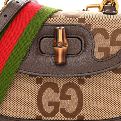 Gucci Monogram Jumbo GG Textured Dollar Calfskin Web Small Bamboo 1947 Top Handle Bag Camel Ebony New Acero 9 of 12