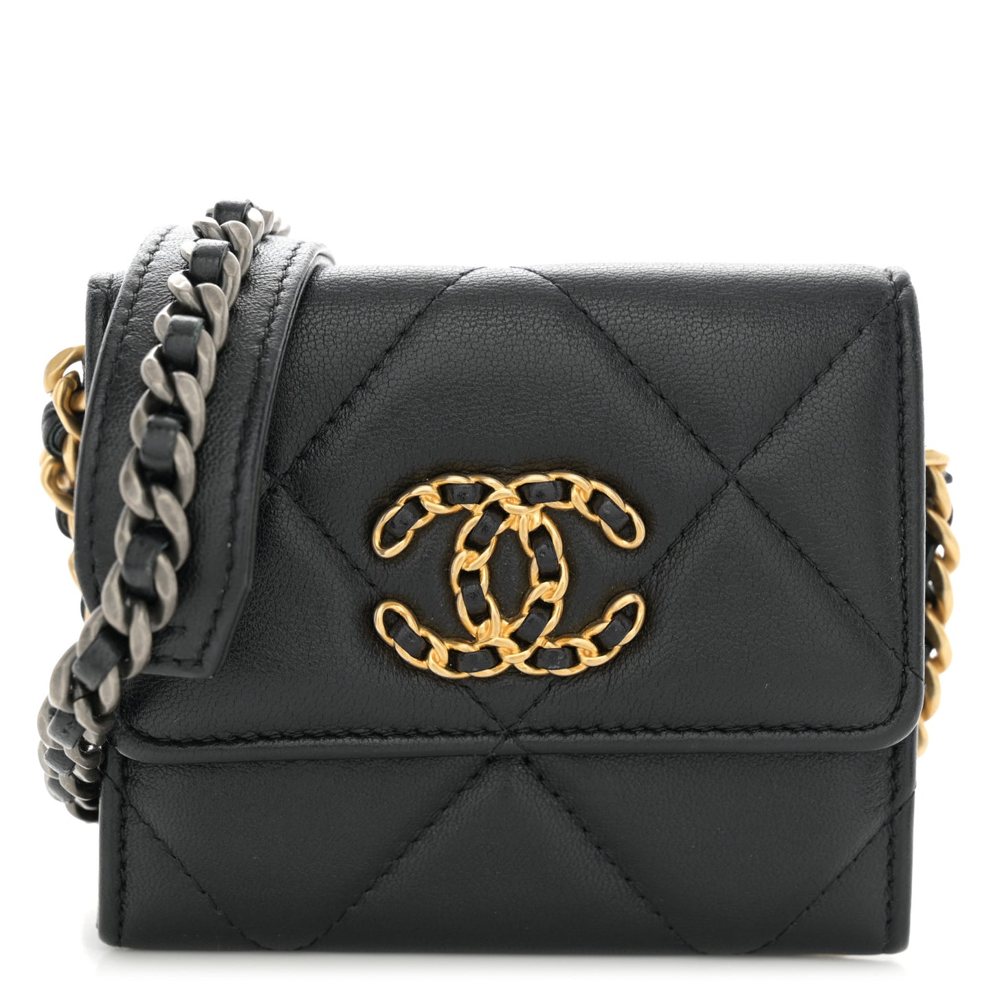 Lambskin Quilted Chanel 19 Flap Coin Purse With Chain Black
