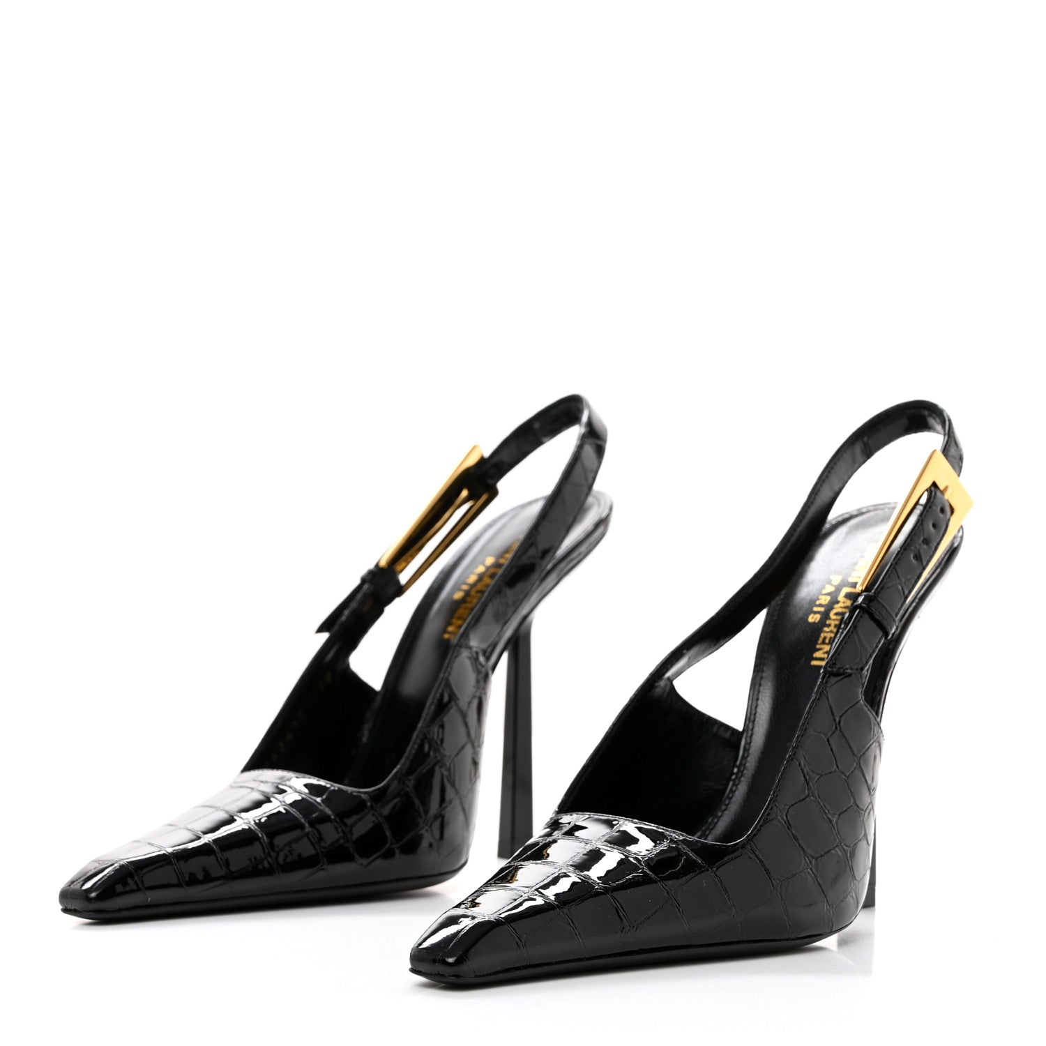 Saint Laurent Calfskin Crocodile Embossed Slingback Graham Pumps 38 Black 3 of 8