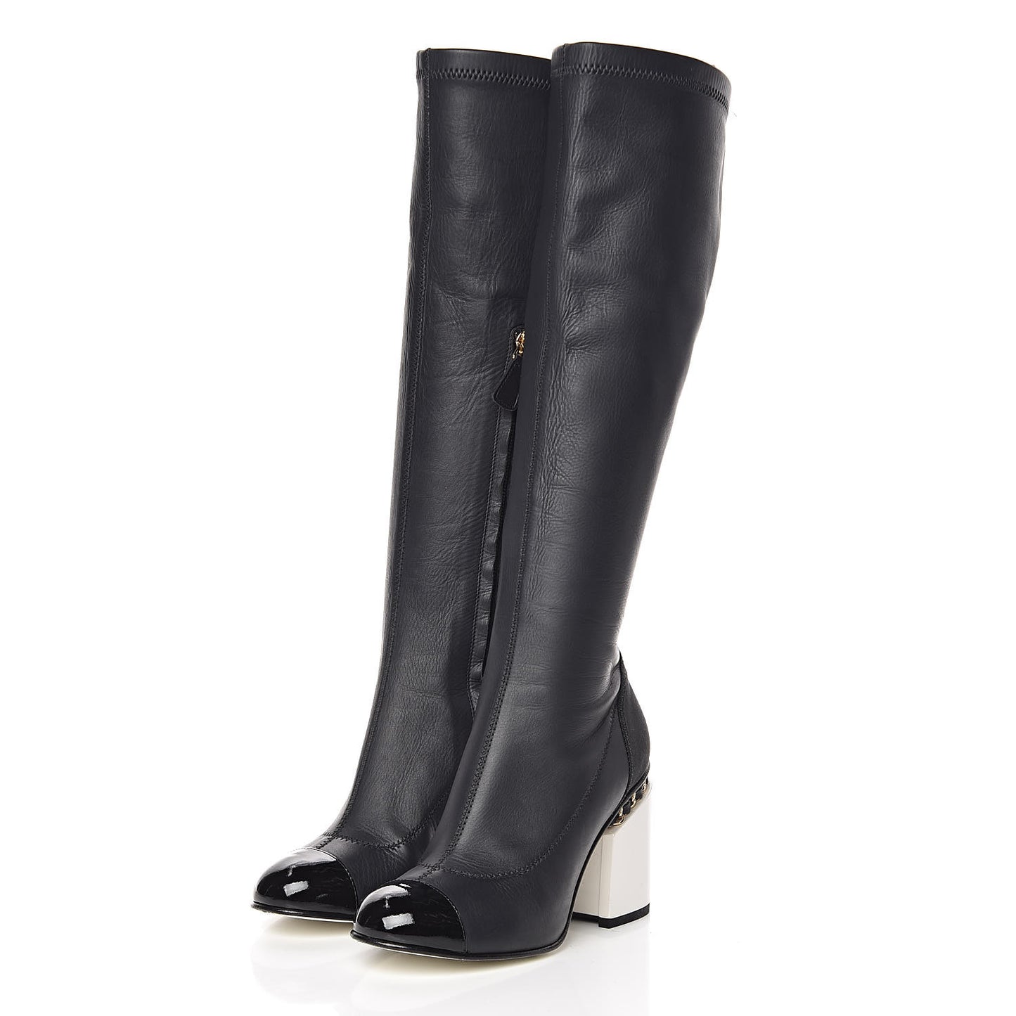 Calfskin Patent Grosgrain Chain Cap Toe High Boots 35 Black White