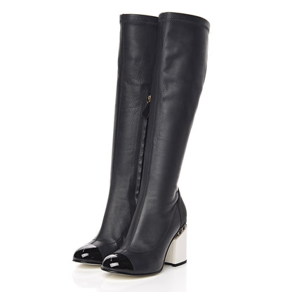 Chanel Calfskin Patent Grosgrain Chain Cap Toe High Boots 35 Black White 3 of 13