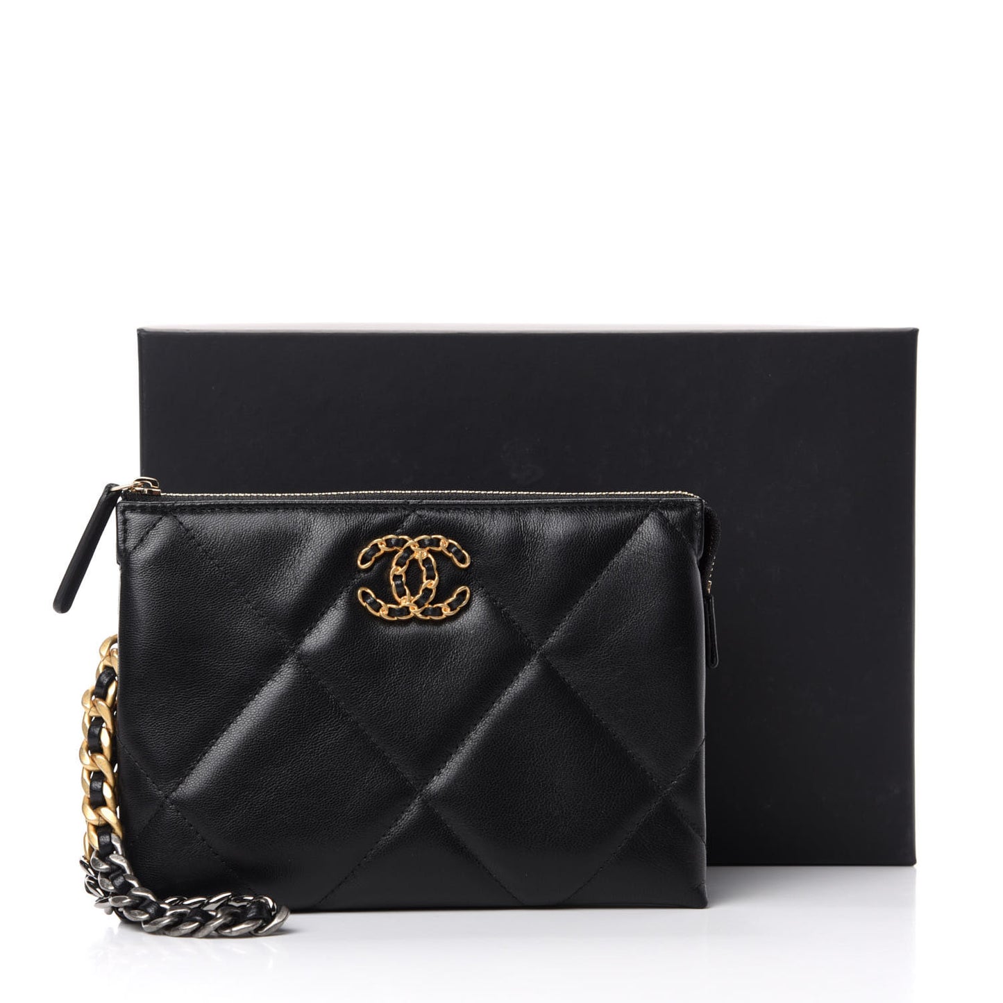 Shiny Goatskin Quilted Small Chanel 19 Pouch With Handle Black