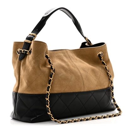 Chanel Suede Calfskin Shiny Lambskin Quilted Small Coco Base Shopping Bag Beige Black 3 of 10
