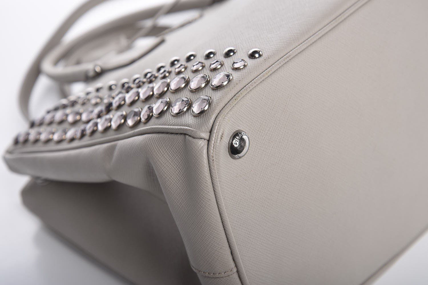 Prada Saffiano Lux Studded Crystal Medium Galleria Double Zip Tote Talco 9 of 12