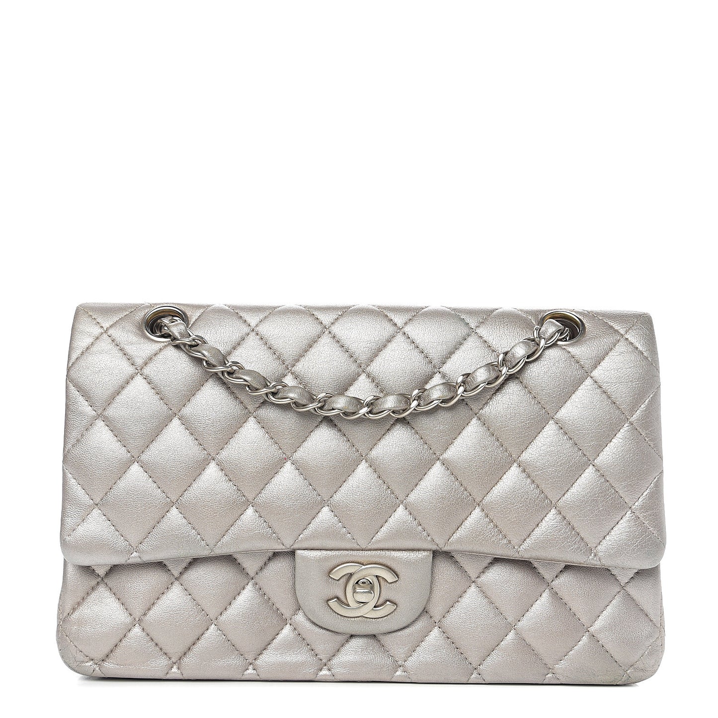 Metallic Lambskin Quilted Medium Double Flap Silver