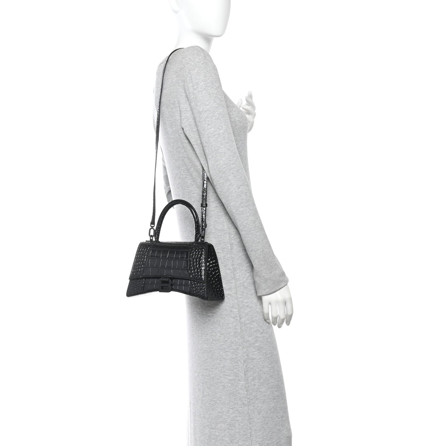 Shiny Calfskin Monochrome Crocodile Embossed Small Hourglass Top Handle Bag Black