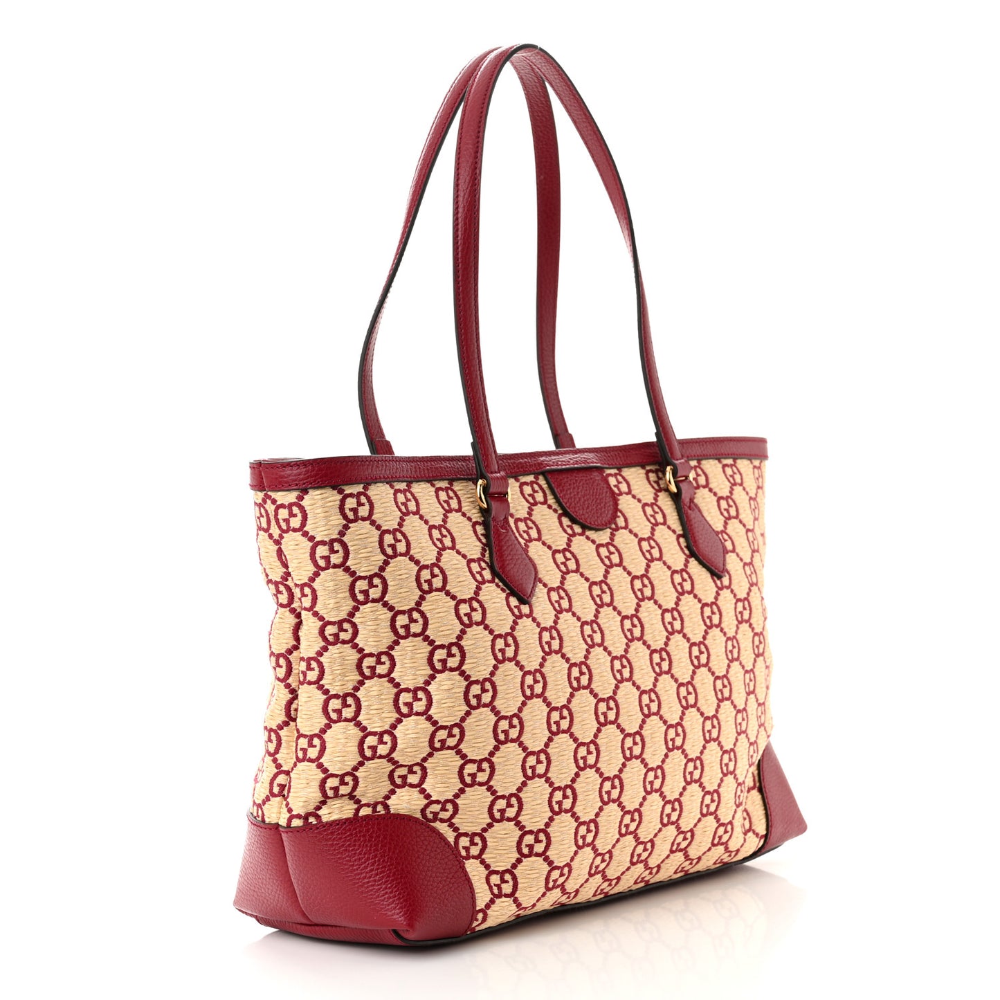 Straw Jacquard Dollar Calfskin GG Monogram Medium Ophidia Shopping Tote Natural New Cherry Red