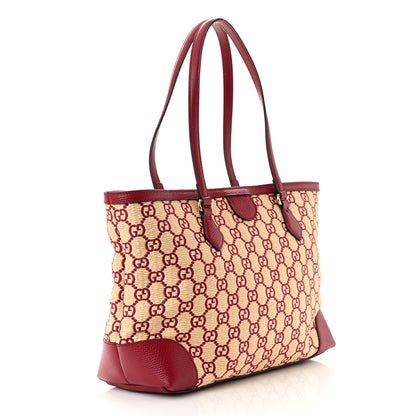 Gucci Straw Jacquard Dollar Calfskin GG Monogram Medium Ophidia Shopping Tote Natural New Cherry Red 3 of 10