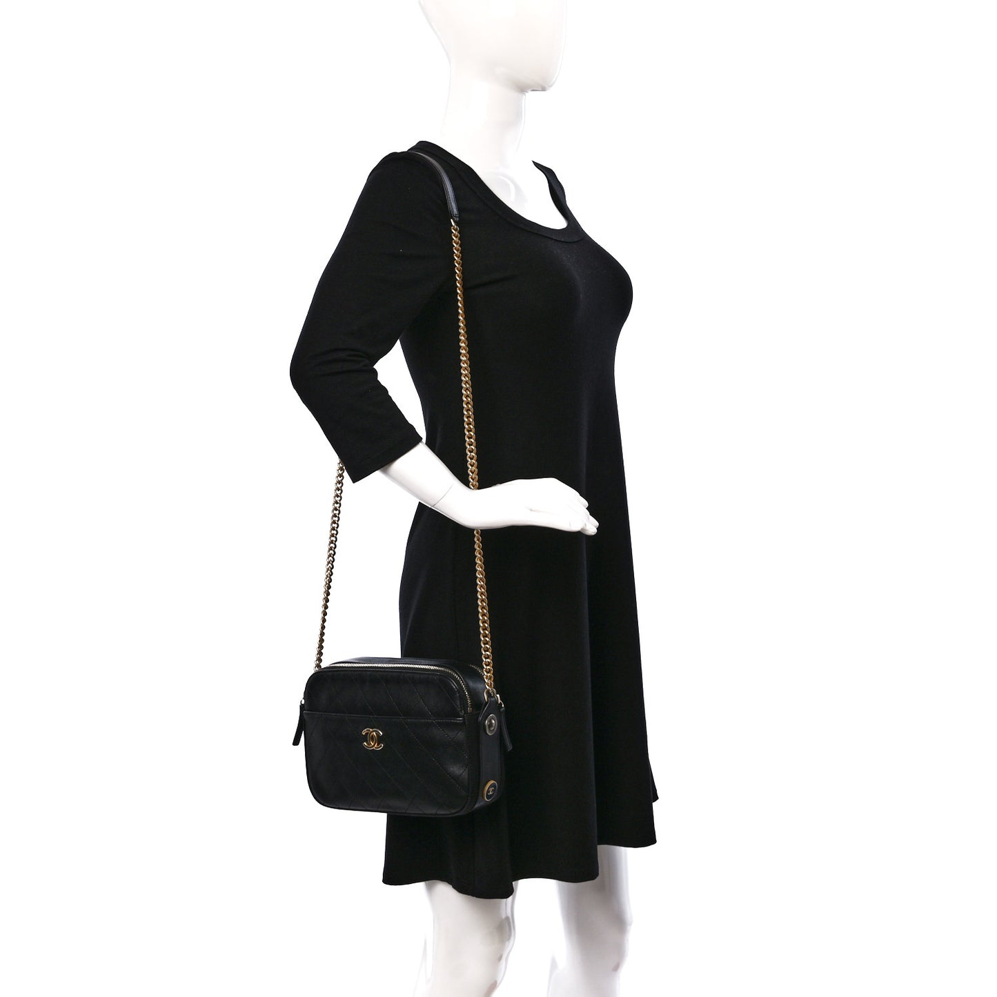 Calfskin Grosgrain Stitched Button Up Camera Case Black