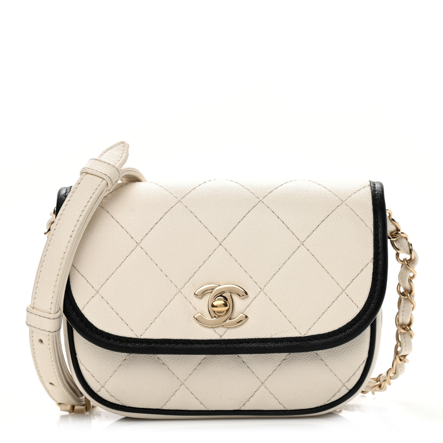 Caviar Quilted Mini Round Messenger Flap White Black