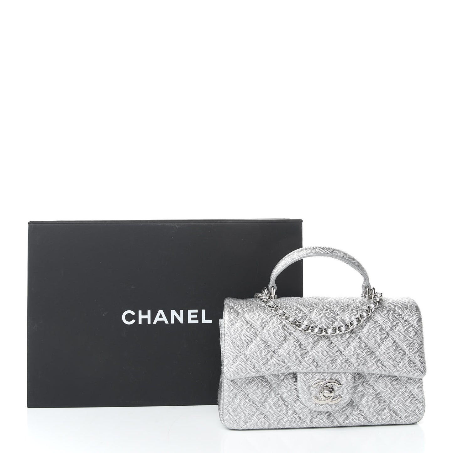 Metallic Caviar Quilted Mini Top Handle Rectangular Flap Silver