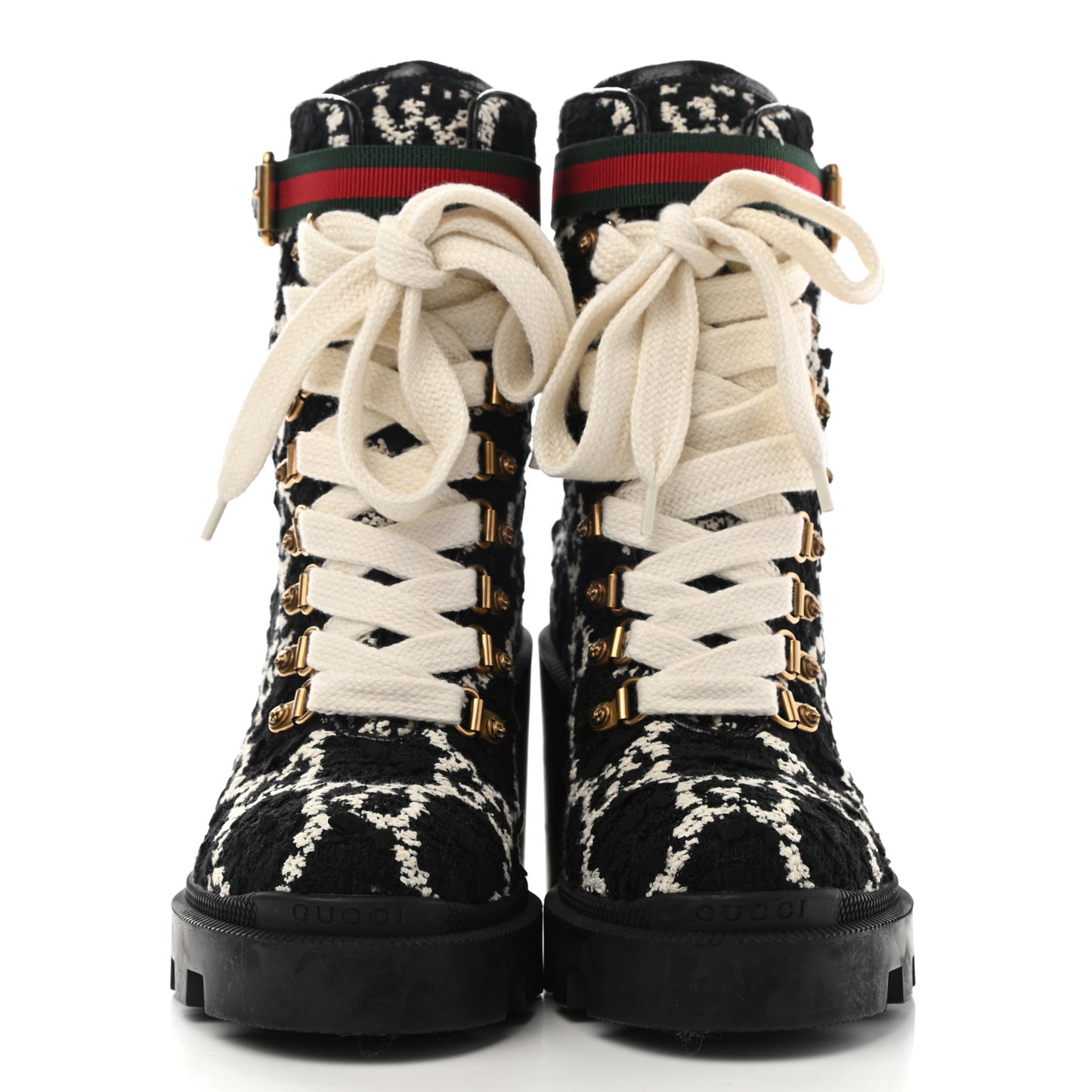 Tweed GG Monogram Lace Up Combat Ankle Boots 36 Black