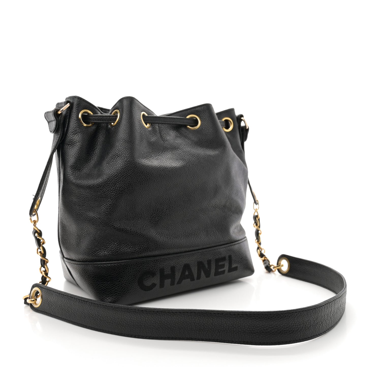 Caviar Logo Drawstring Bucket Bag Black