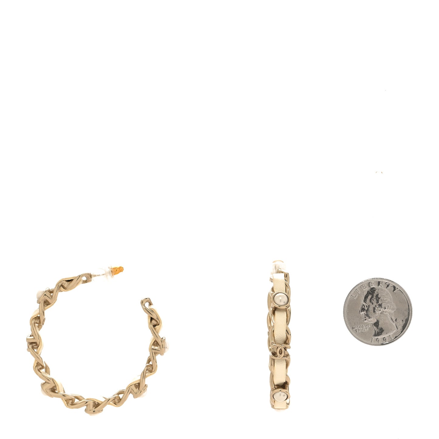 Lambskin Pearl More Is More CC Chain Hoop Earrings Matte Gold White