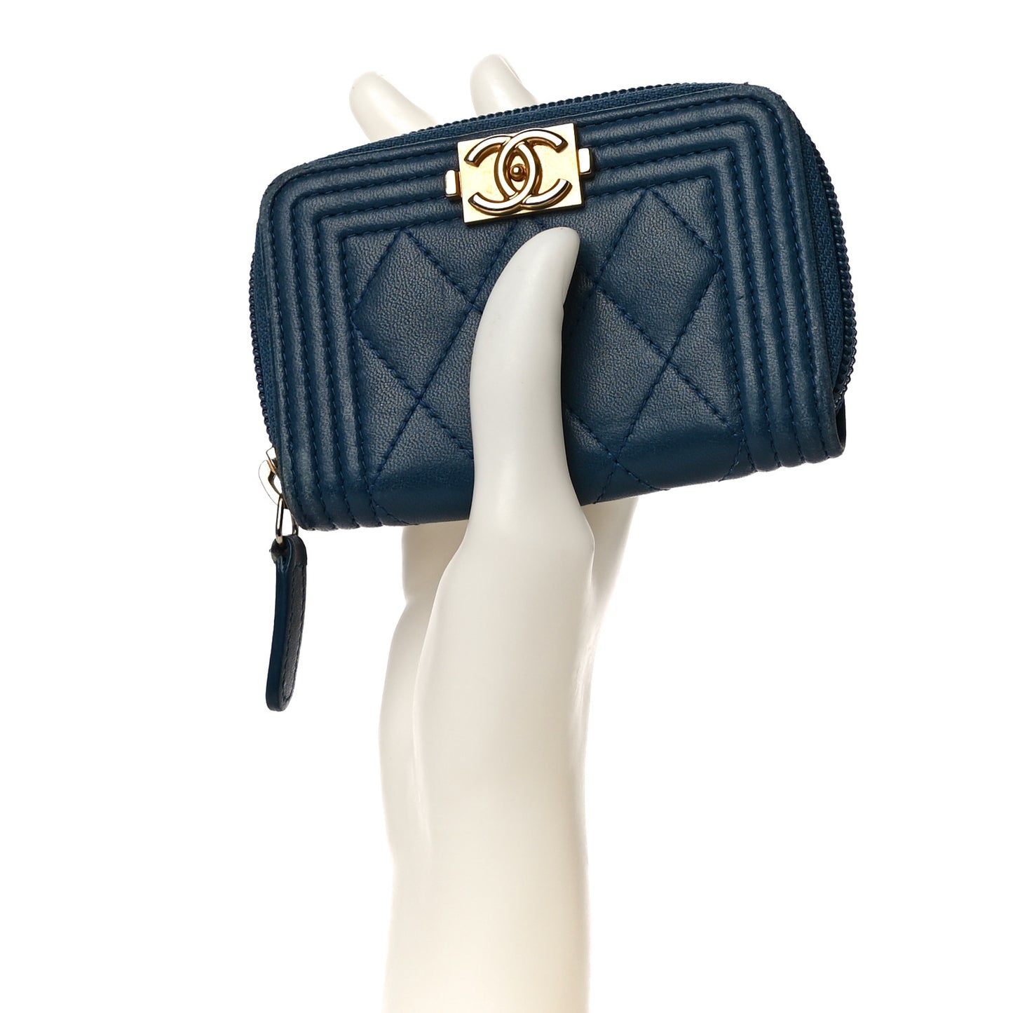 Caviar Quilted Boy Zip Around Coin Purse Wallet Dark Blue