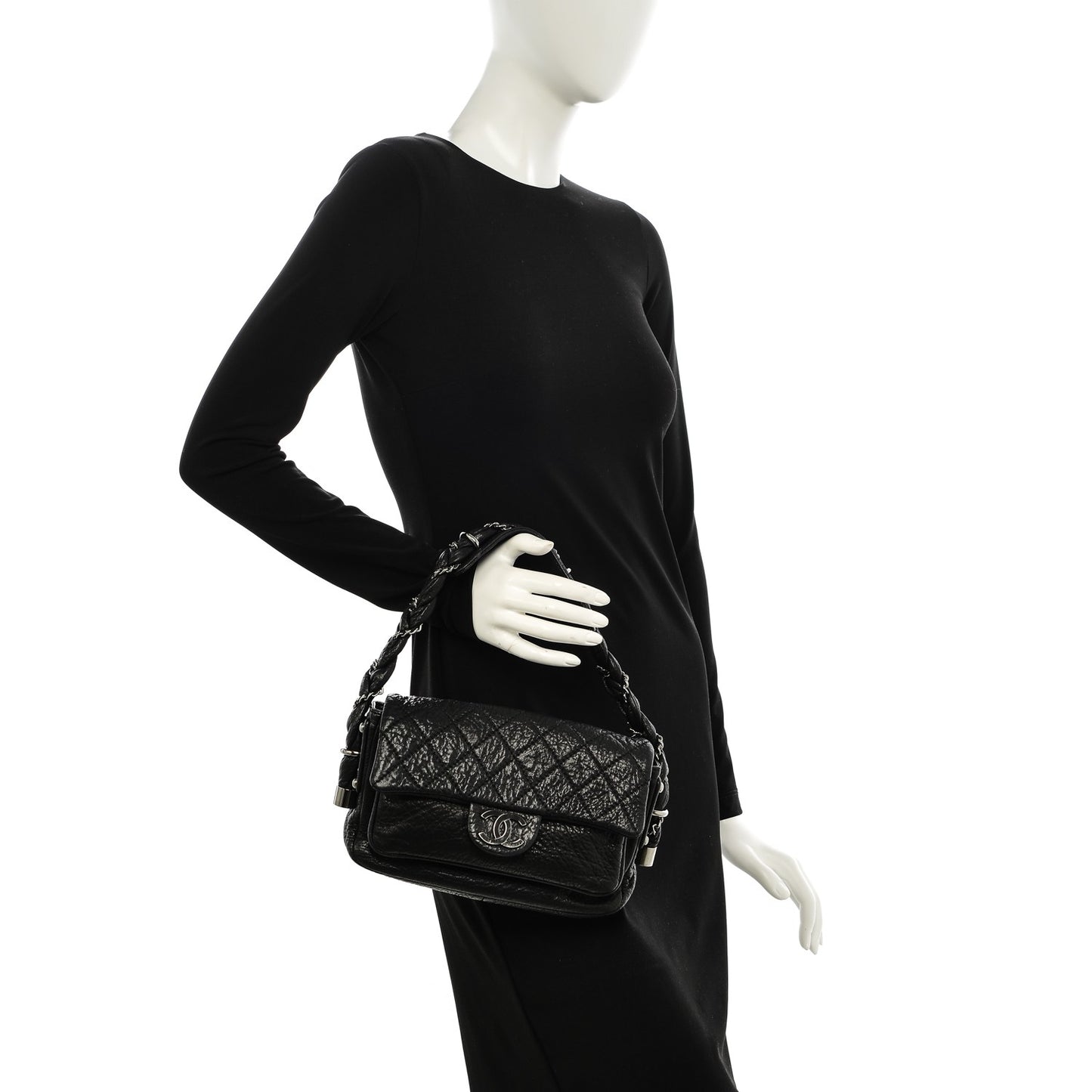 Distressed Lambskin Small Lady Braid Flap Black