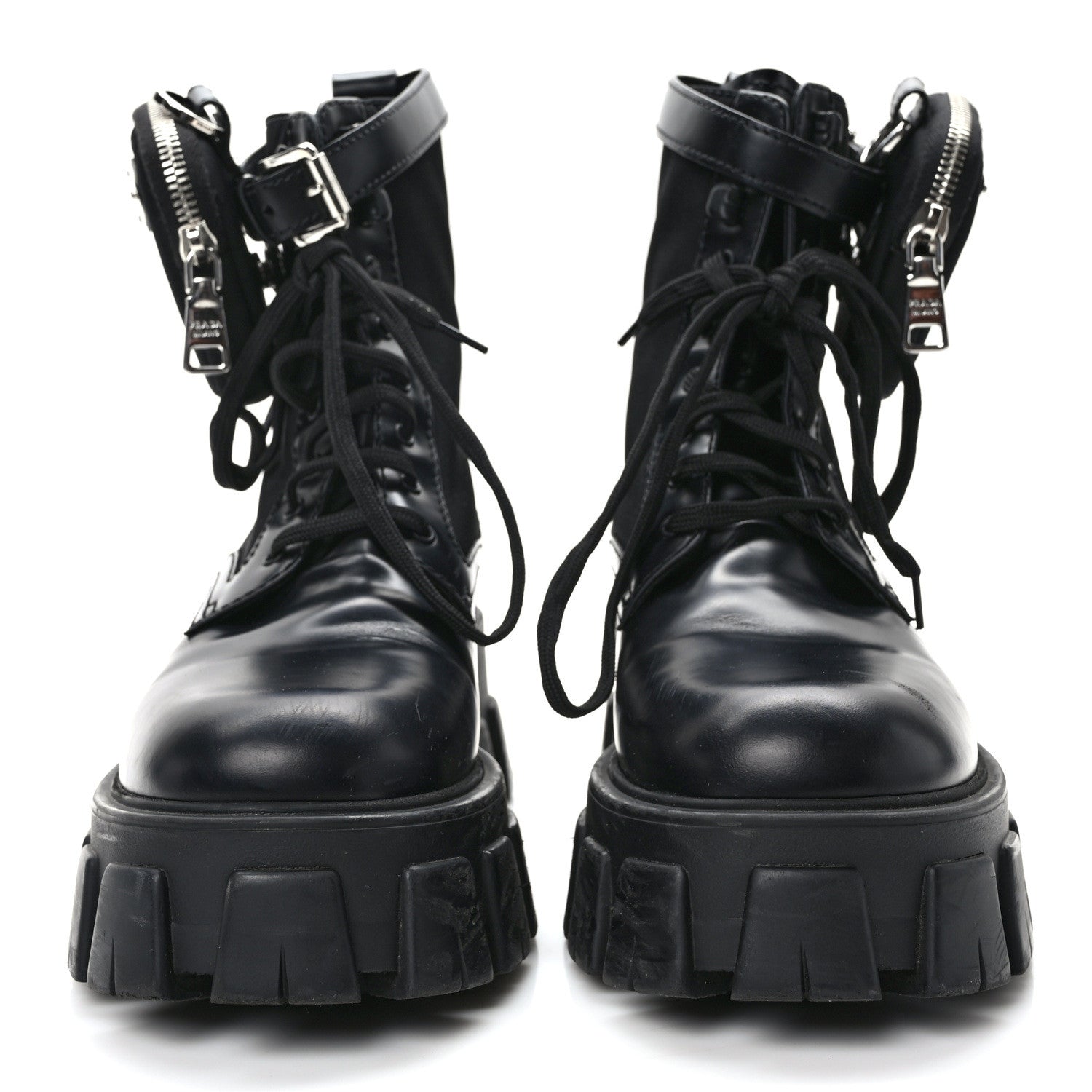 Prada Spazzolato Rois Nylon Metal Triangle Logo Monolith Pouch Pocket 55mm Boots 38.5 Black 2 of 11