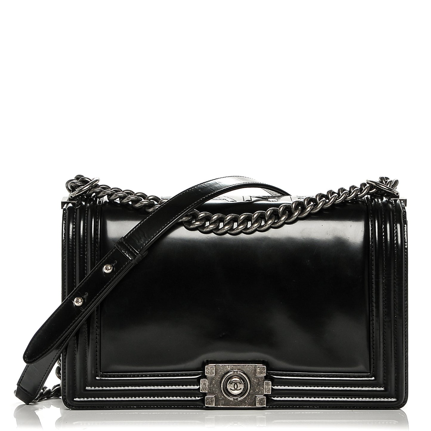 Glazed Calfskin Medium Boy Flap Black
