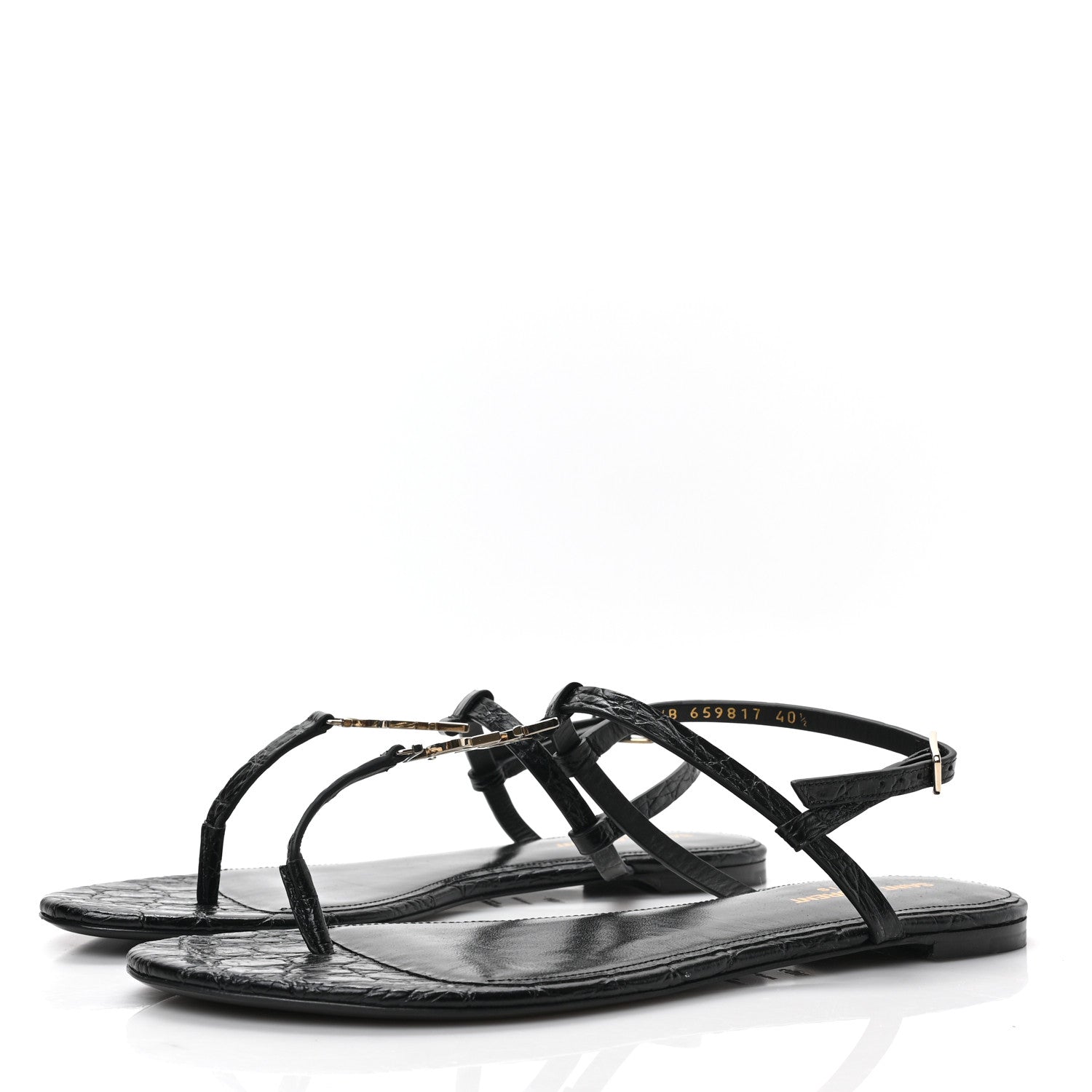Saint Laurent Calfskin Crocodile Embossed Cassandra Monogram Sandals 40.5 Black 3 of 8