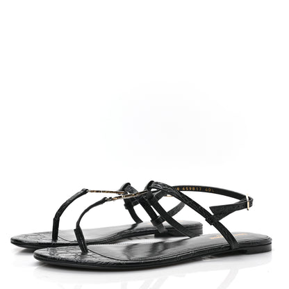 Saint Laurent Calfskin Crocodile Embossed Cassandra Monogram Sandals 40.5 Black 3 of 8