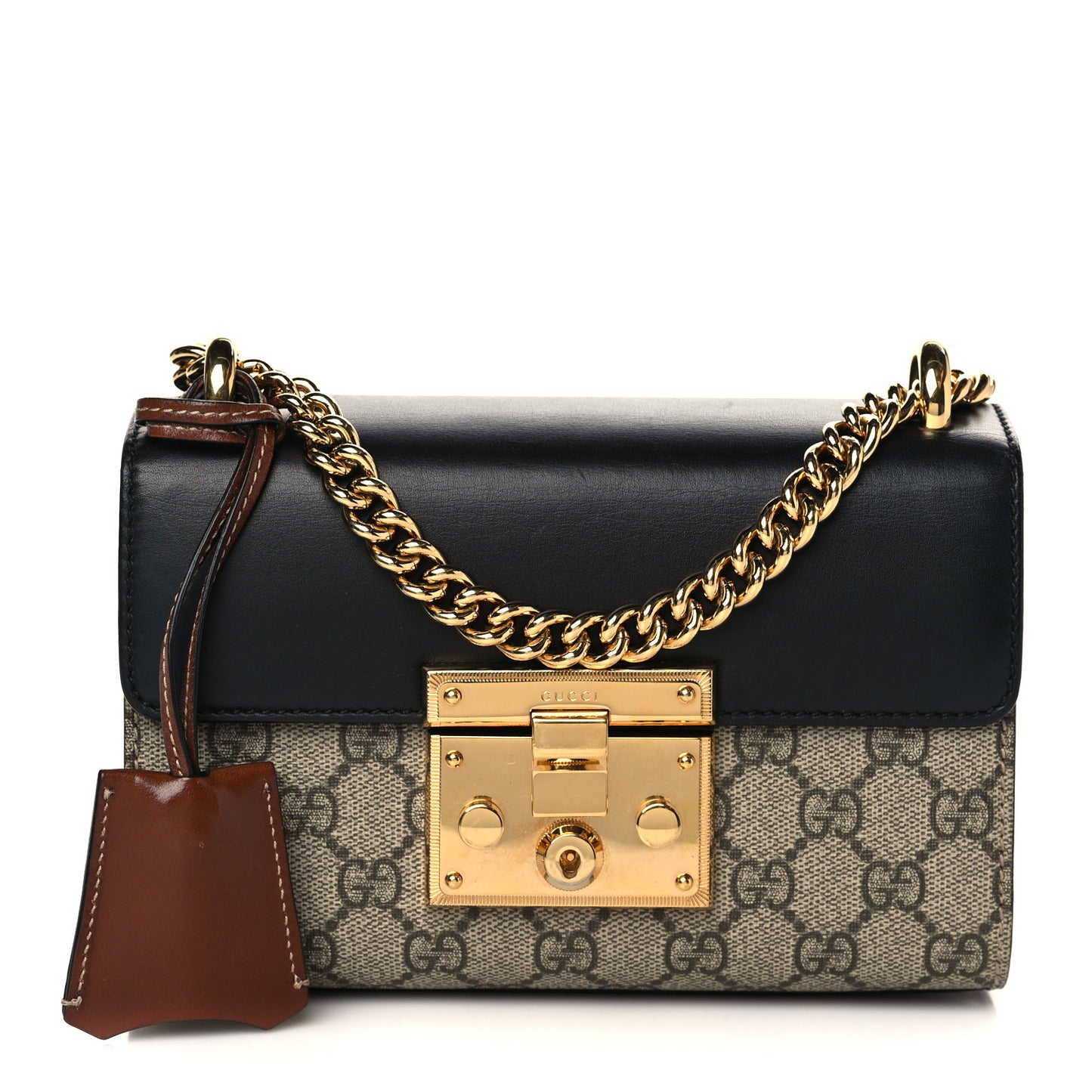 GG Supreme Monogram Calfskin Small Padlock Shoulder Bag Beige Black Cuir