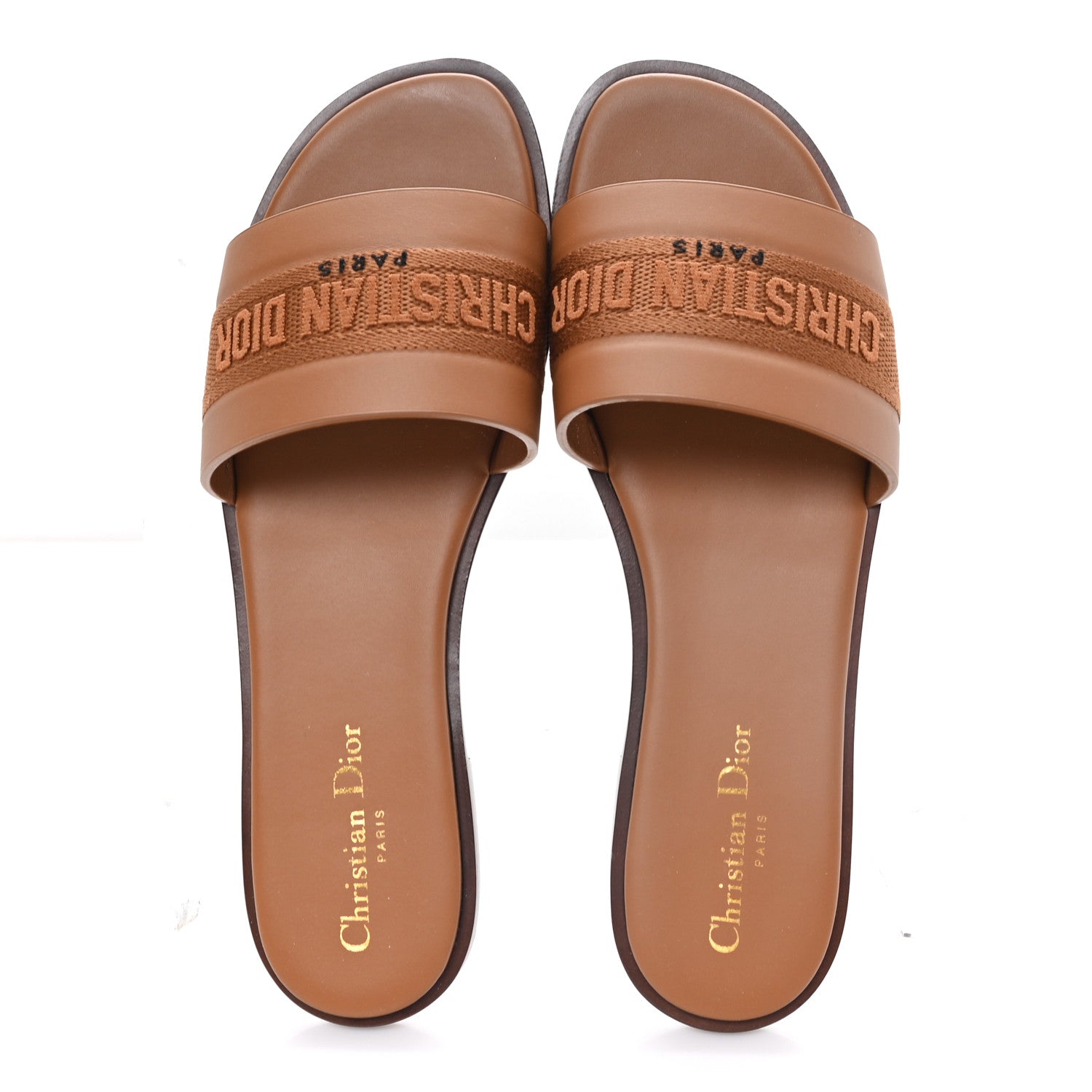 Christian Dior Calfskin Canvas Embroidered Dway Flat Slide Sandals 40 Camel 2 of 10
