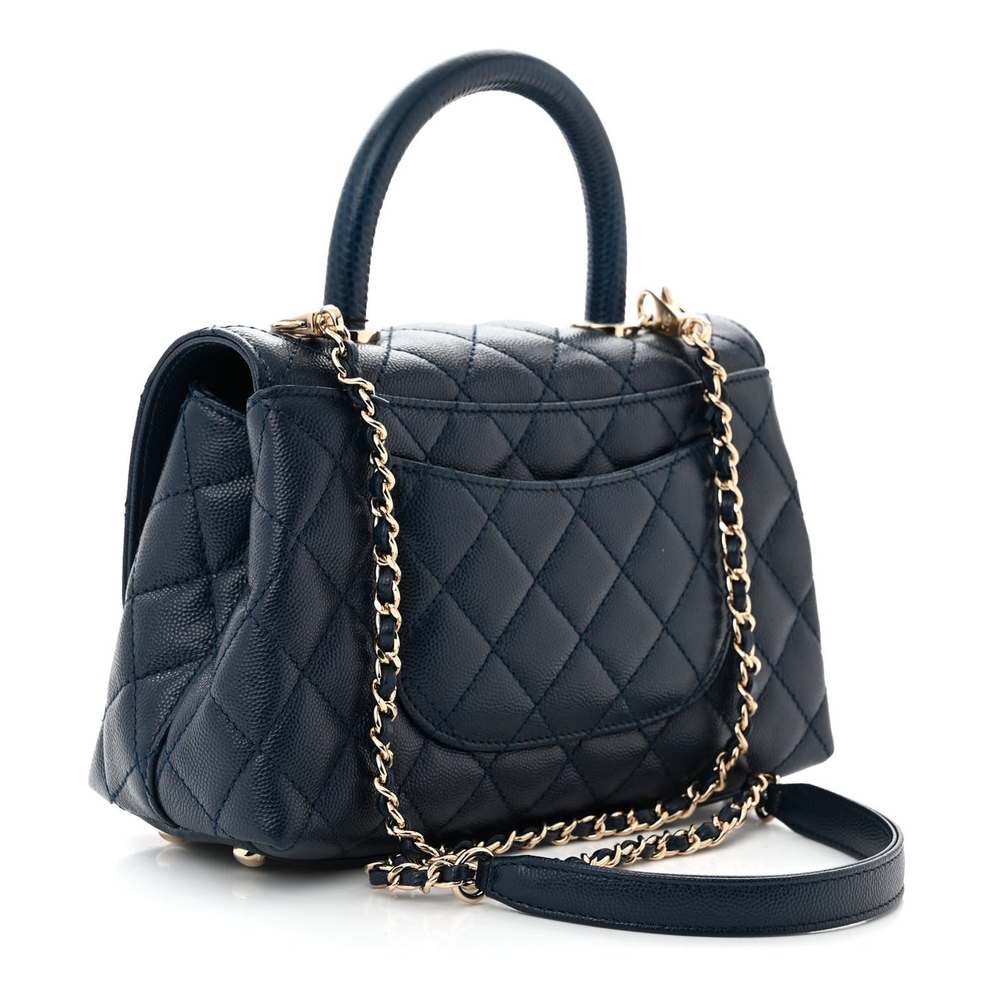 Caviar Quilted Lizard Embossed Mini Coco Handle Flap Navy Blue