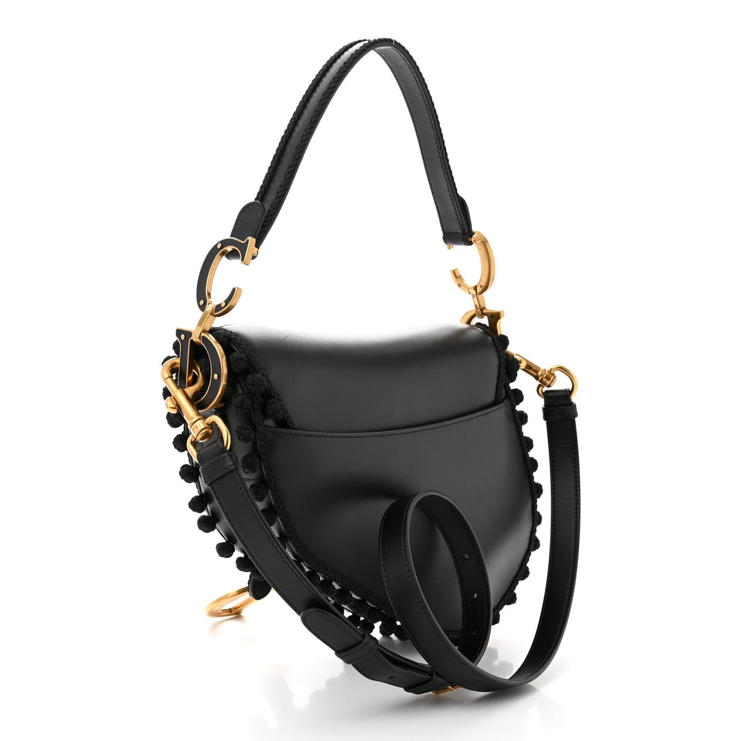 Calfskin Pom Pom Saddle Bag Black
