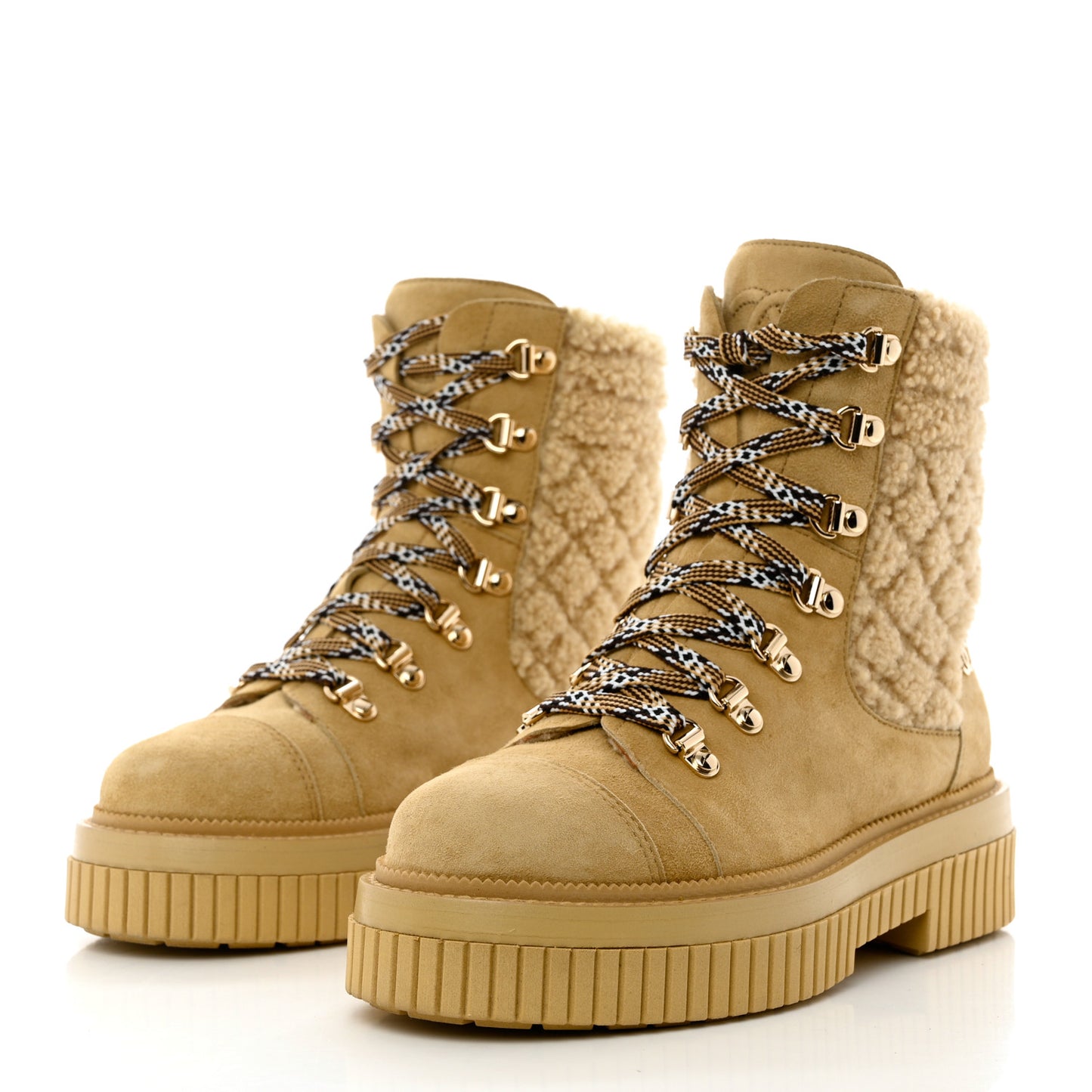 Suede Shearling Quilted CC Combat Boots 36 Beige