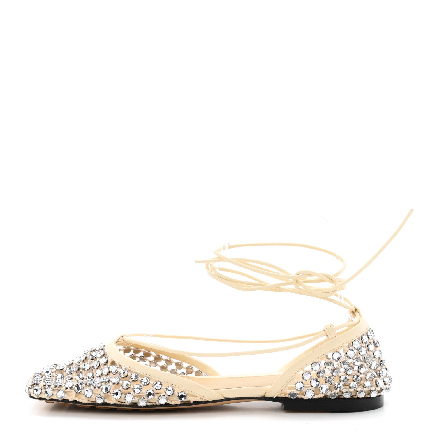 Bottega Veneta Mesh Nappa Crystal Embellished Sparkle Stretch Ankle Tie Flats 38 Black 1 of 9