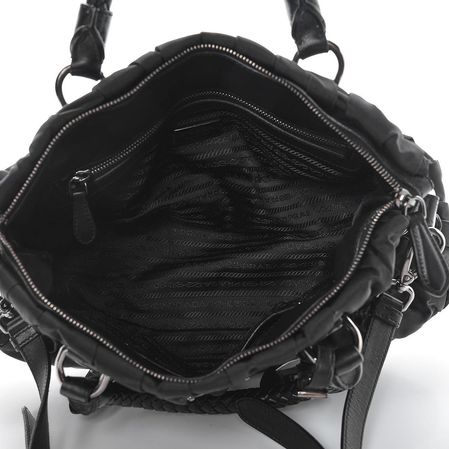 Tessuto Nylon Nappa Braided Gaufre Shopping Satchel Black