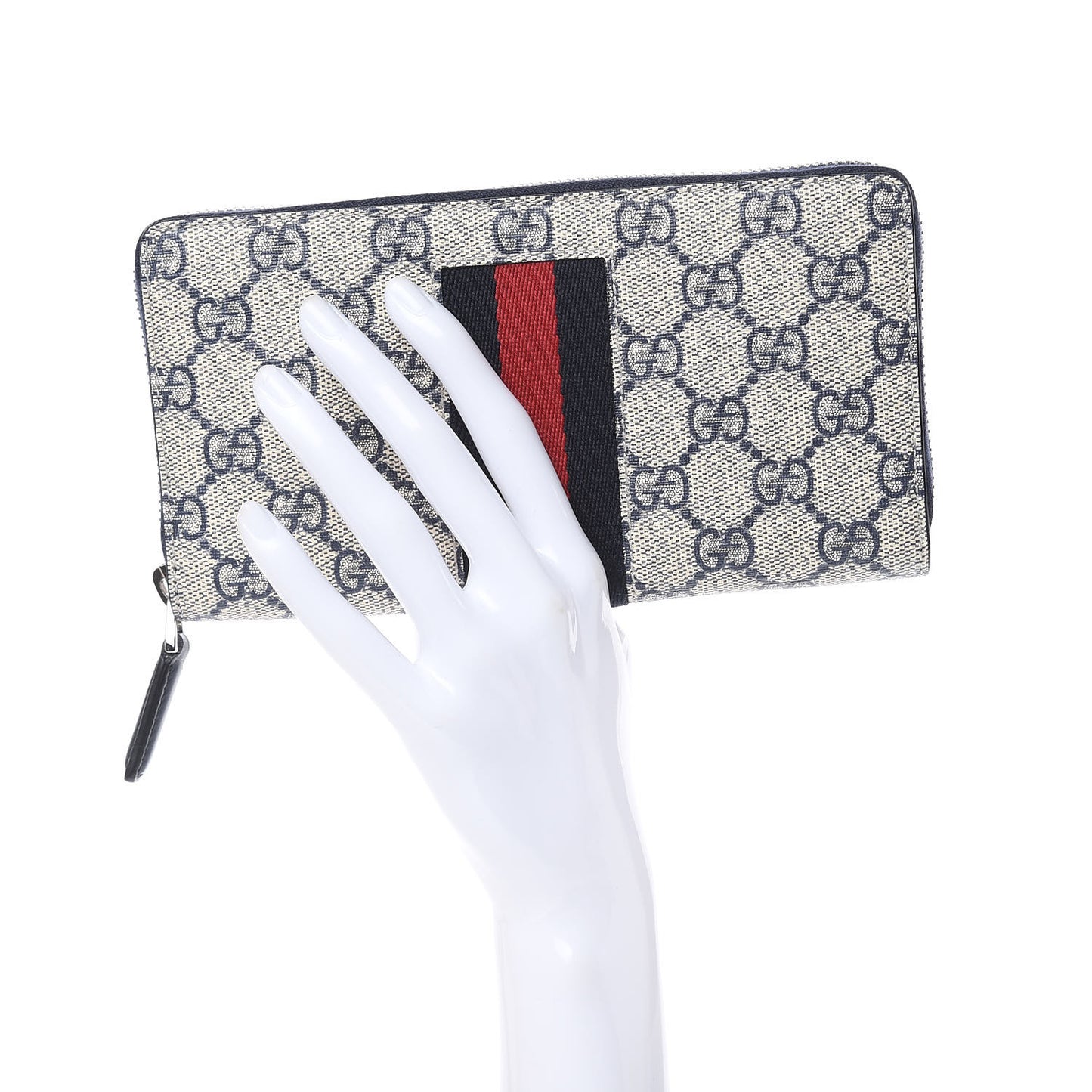 GG Supreme Monogram Web Zip Around Wallet Beige Blue