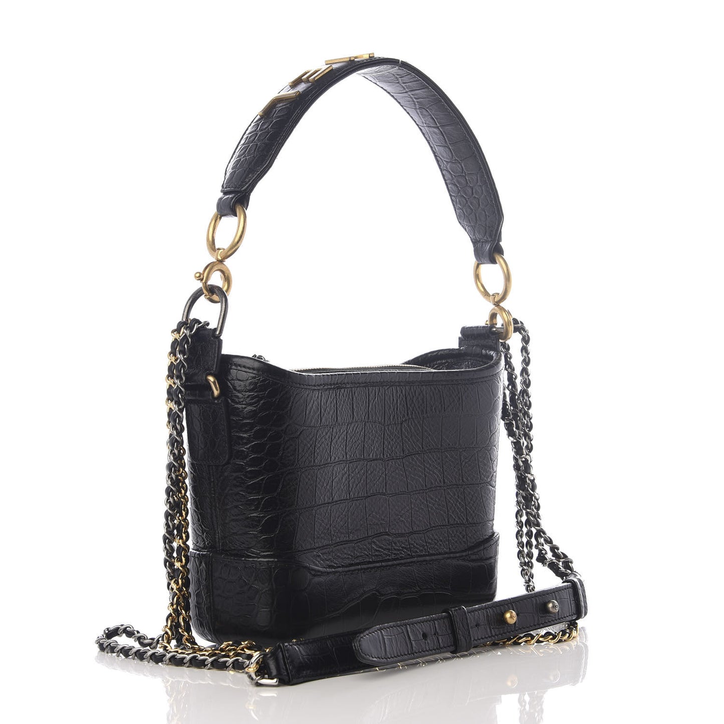 Calfskin Crocodile Embossed Small Gabrielle Cocodile Hobo Black