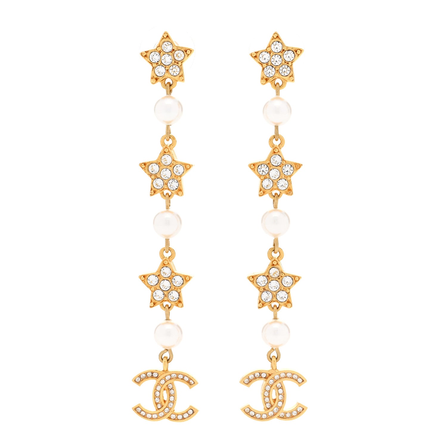 Chanel Crystal Pearl CC Star Drop Earrings Gold 1 of 4