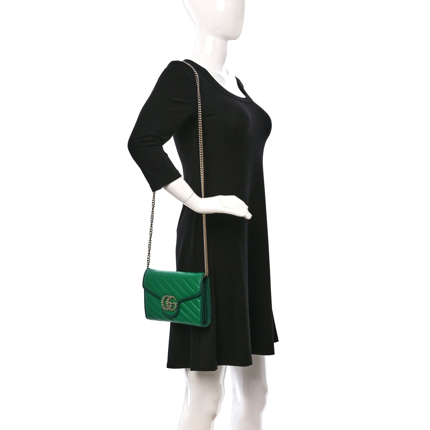 Azalea Calfskin Enamel Matelasse Diagonal Torchon GG Marmont Chain Wallet New Shamrock Emerald