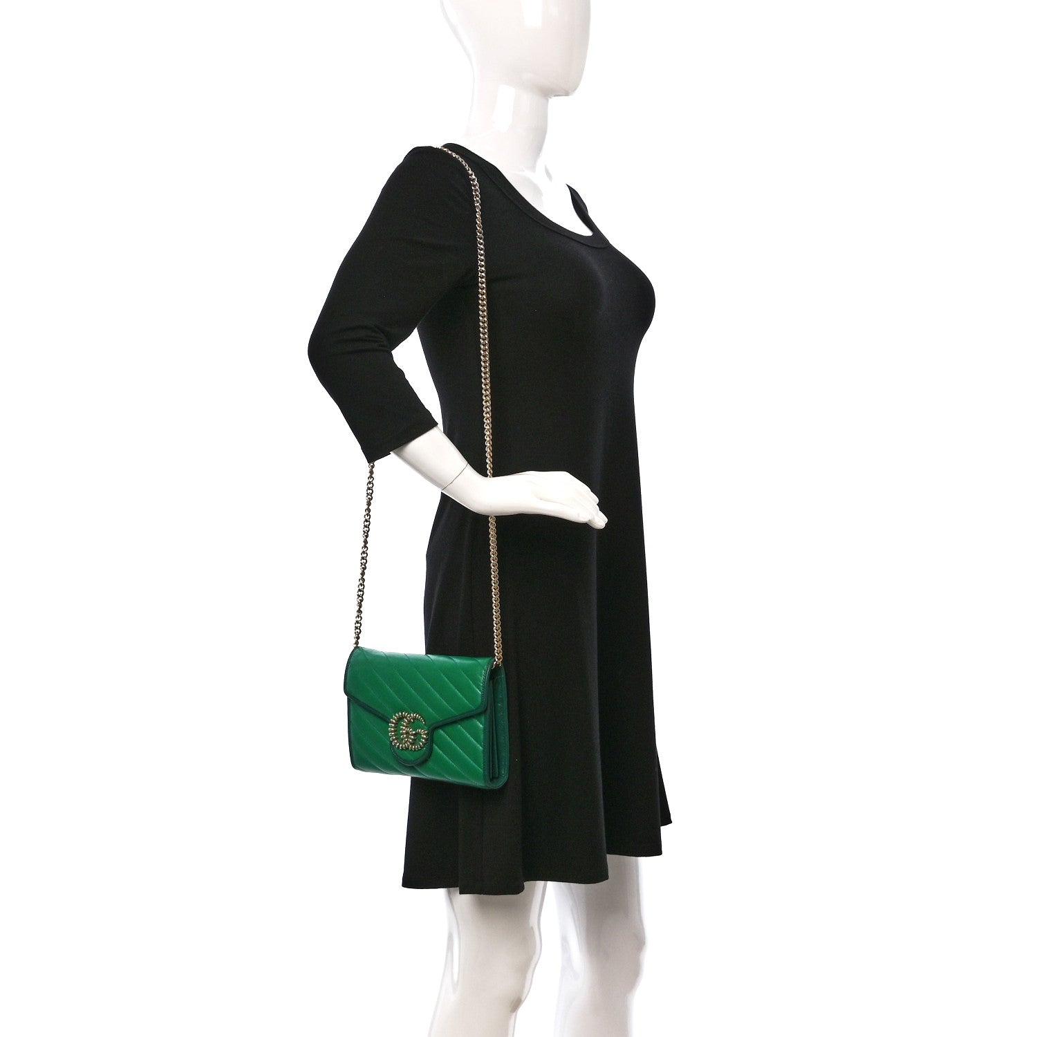 Gucci Azalea Calfskin Enamel Matelasse Diagonal Torchon GG Marmont Chain Wallet New Shamrock Emerald 2 of 13