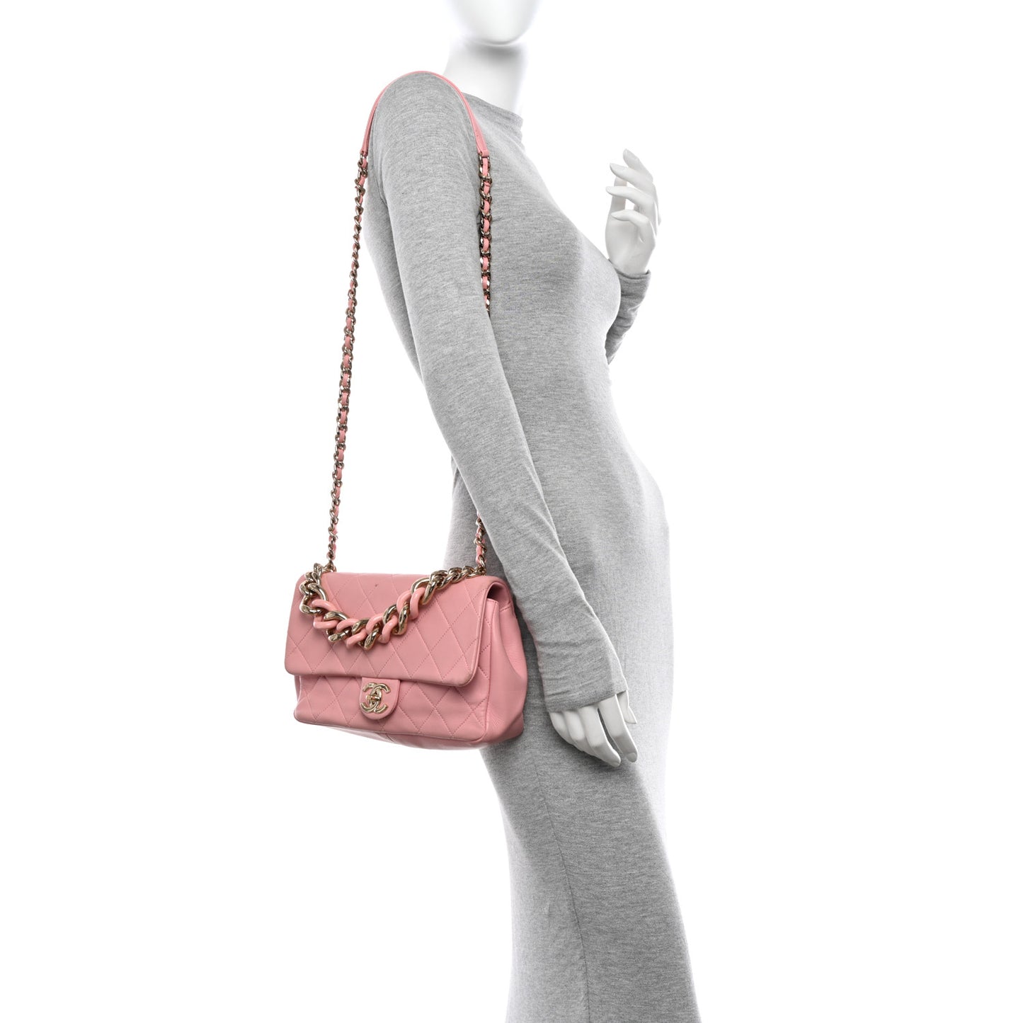 Lambskin Quilted Resin Bi-Color Chain Flap Bag Pink