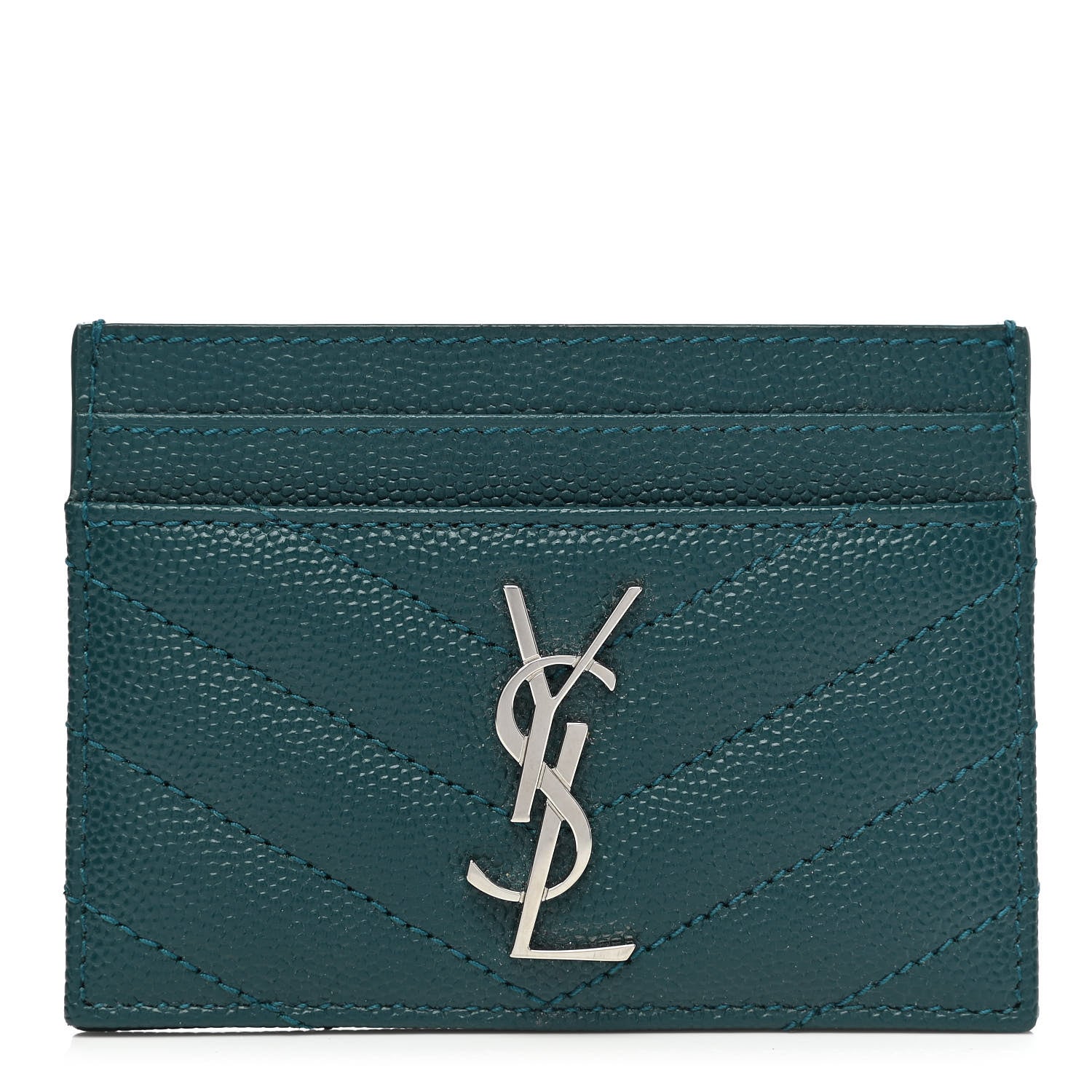 Saint Laurent Grain De Poudre Matelasse Chevron Monogram Credit Card Case Peacock Green 1 of 7