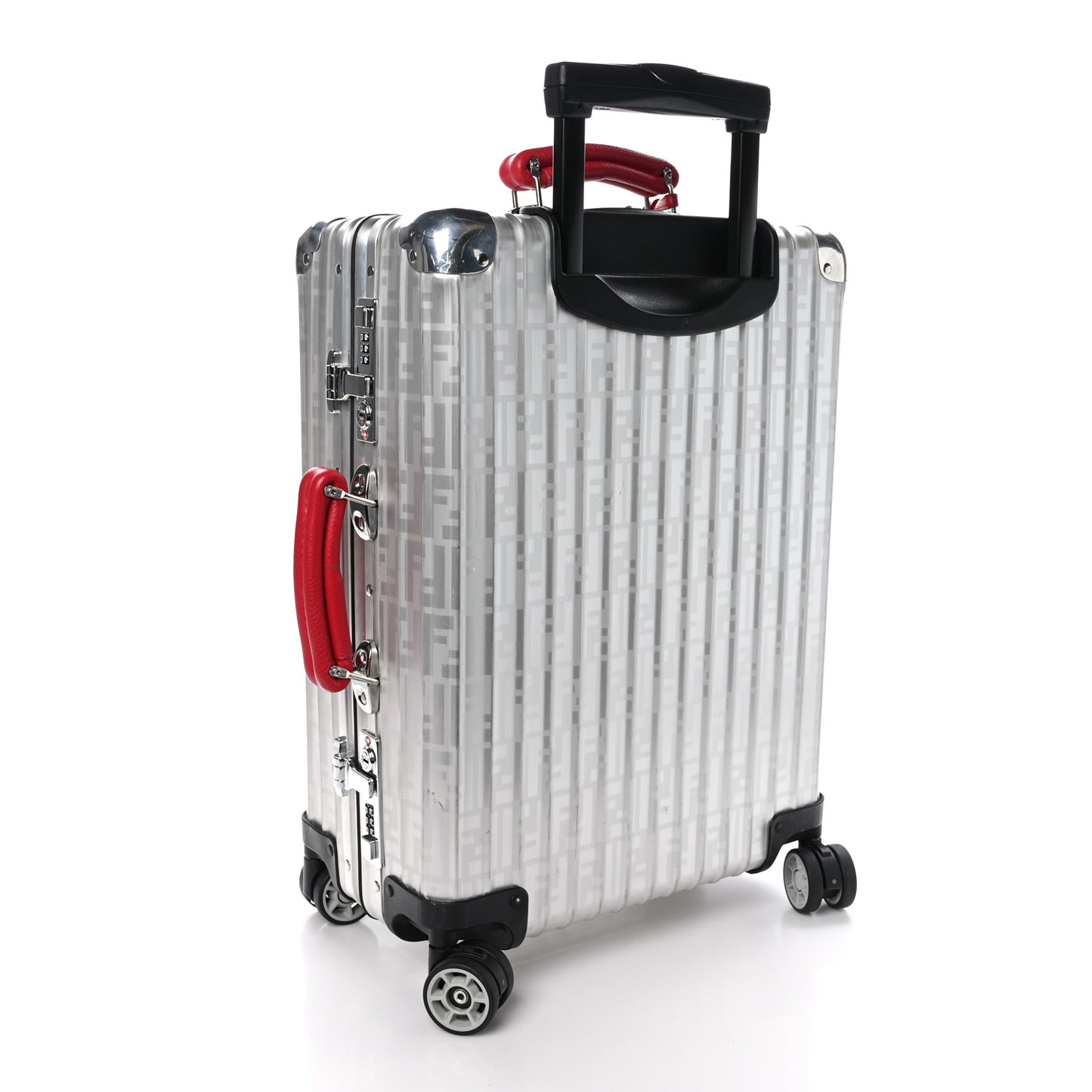 X RIMOWA Aluminum FF Print Roll Away Carry On Luggage Silver Red