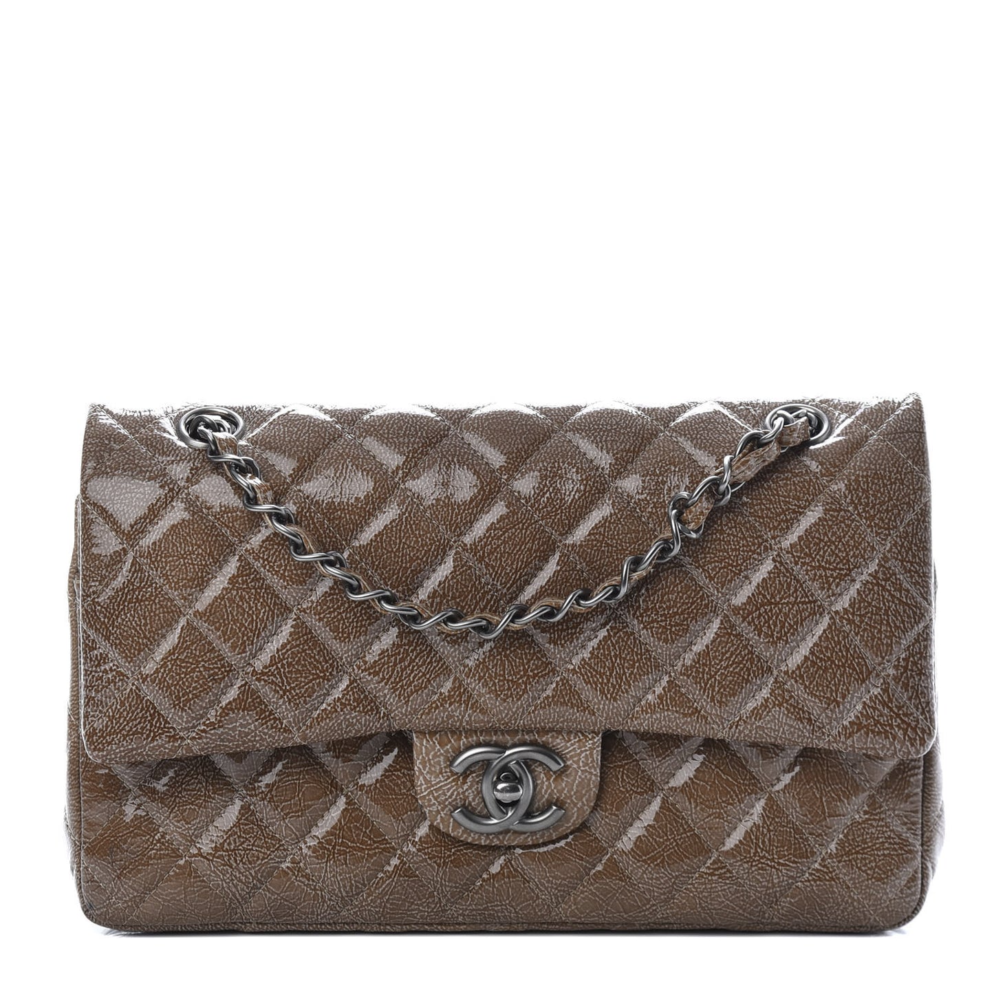 Crinkled Patent Quilted Medium Double Flap Brown