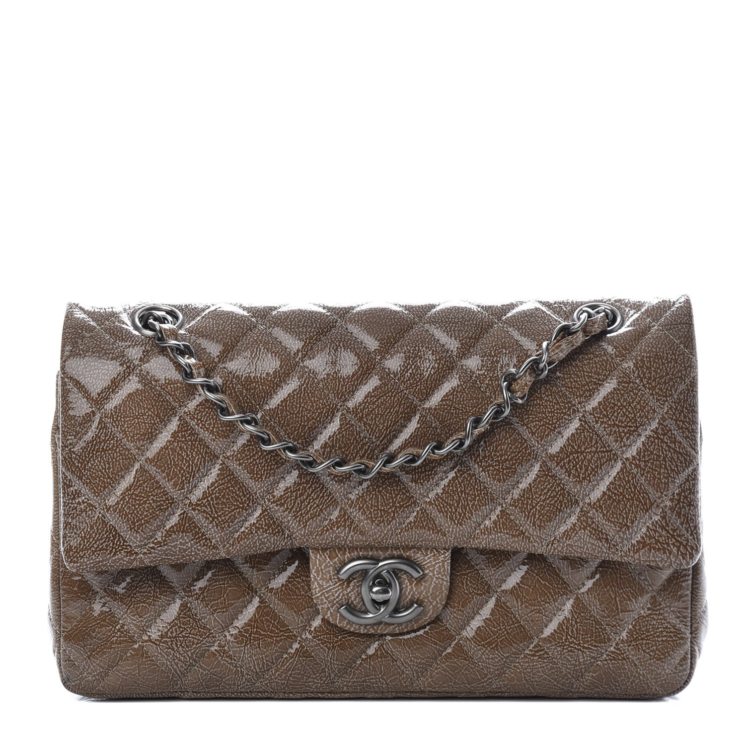 Chanel Crinkled Patent Quilted Medium Double Flap Brown 1 of 9