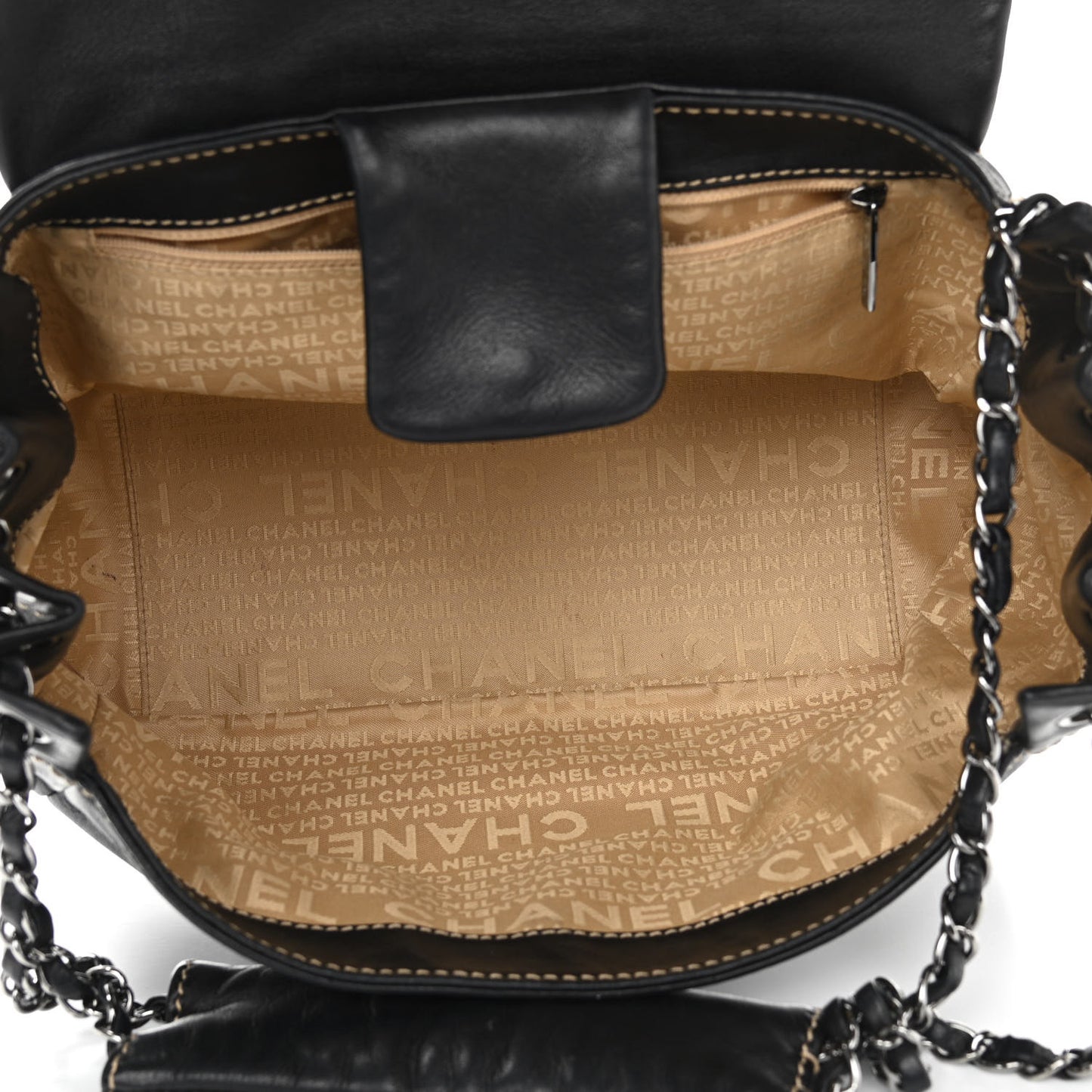 Lambskin Contrast Stitch Surpique Accordion Flap Black