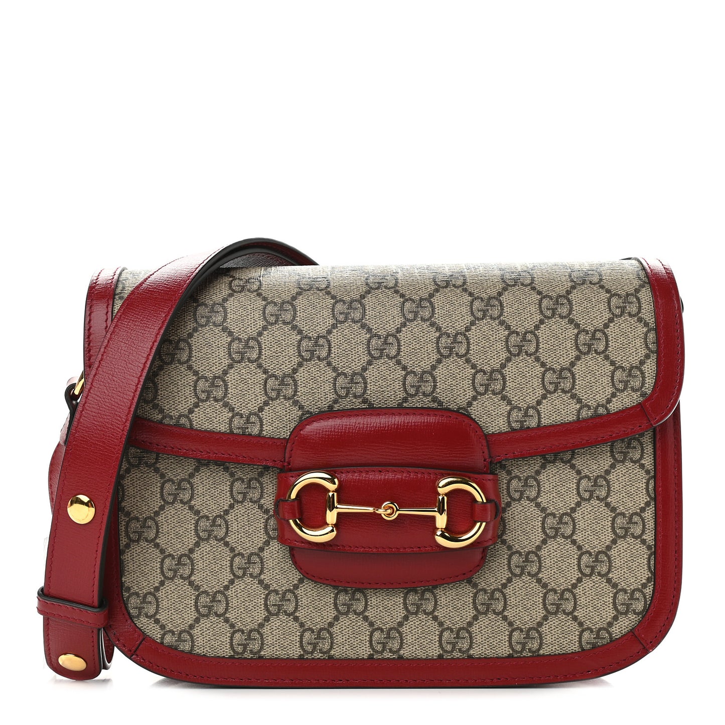 GG Supreme Monogram Azalea Calfskin Horsebit 1955 Shoulder Bag Beige Ebony New Cherry Red