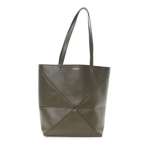 Shiny Calfskin Medium Puzzle Fold Tote Dark Khaki Green